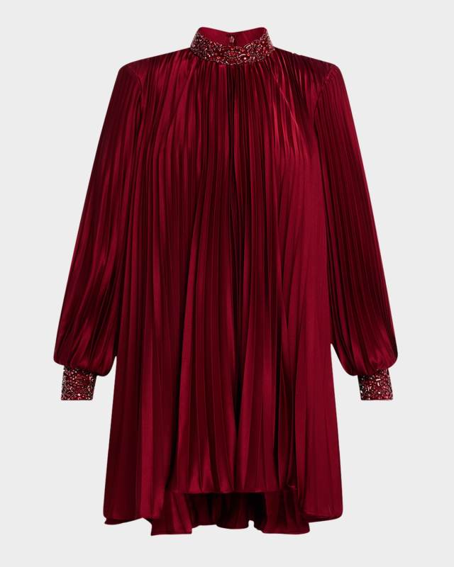 Pleated Bead-Embellished Mini Dress